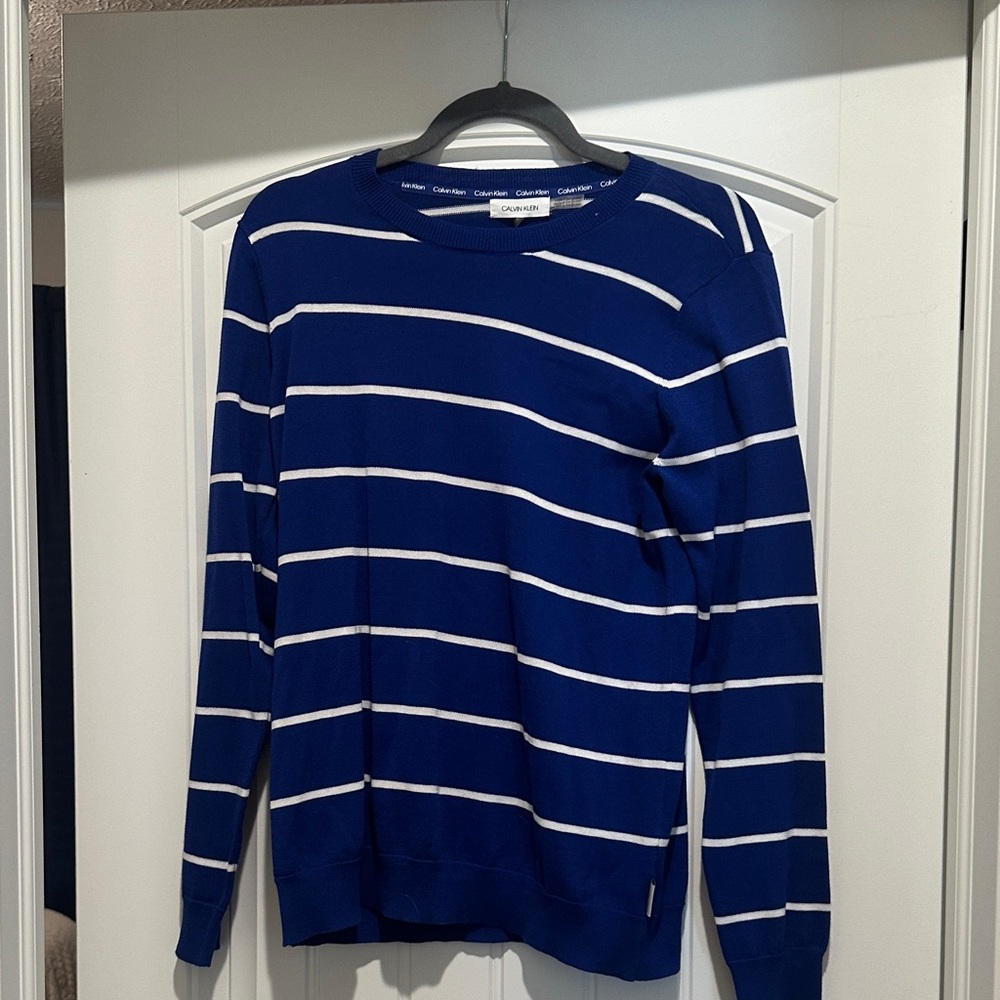 Calvin Klein Men's Navy and White Striped Crewneck Sweater